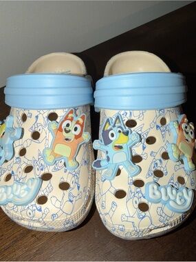 Rare Bluey Crocs Toddler  Size 6.5 Bingo Dog Charms All-Over Print Clogs Beach